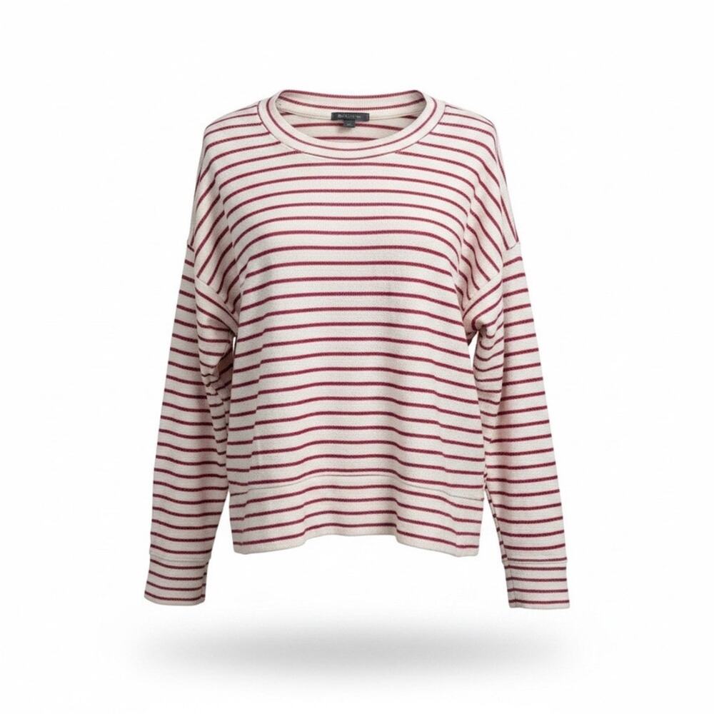 Aerie Small Red White Textured Striped Oversized Drop Shoulder Sweatshirt